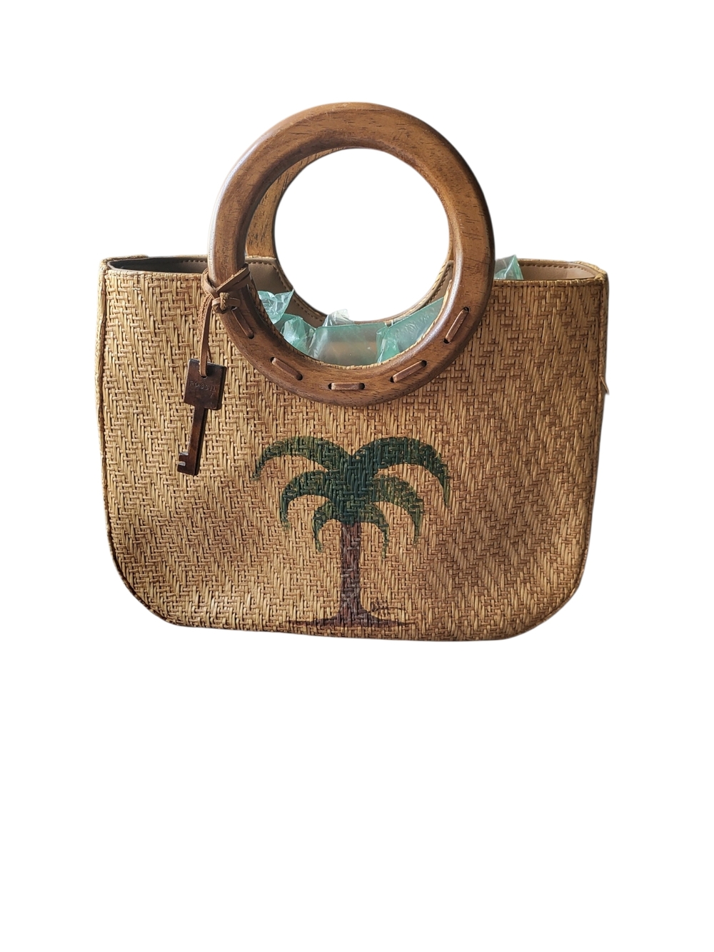Fossil Palm Tree Straw Tote Bag Wood Handle Leather Trim Resort Beach Purse